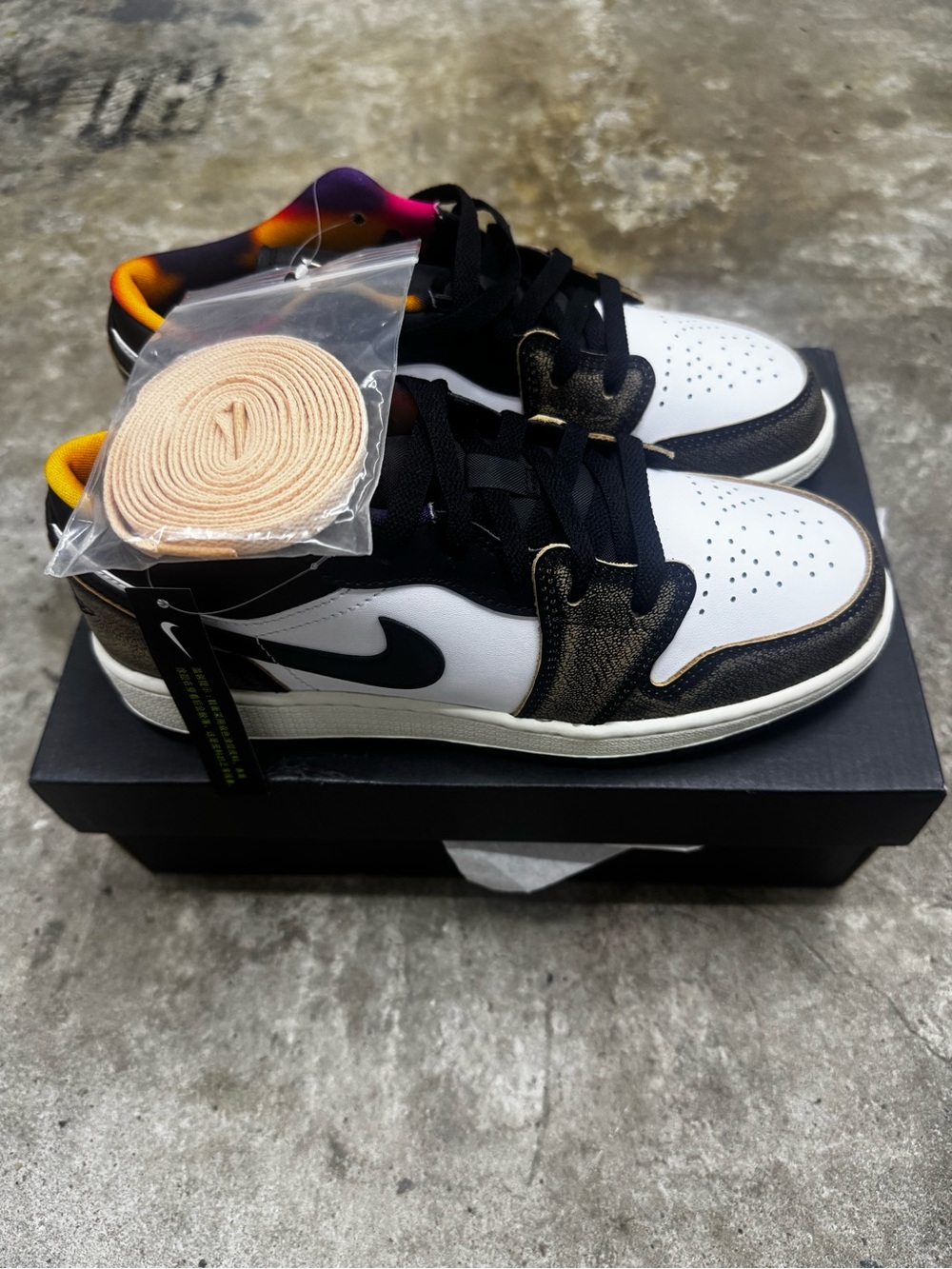 Jordan Low Top Sneakers — White/Black/Gold with Multicolor Inner Lining